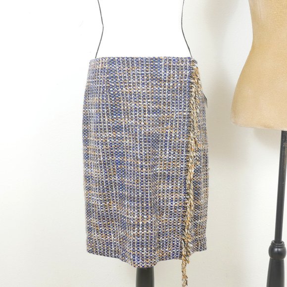 Halogen Blue Tan Ivory Tweed Fringe Side Fall Winter Size 12 Skirt - Picture 1 of 10